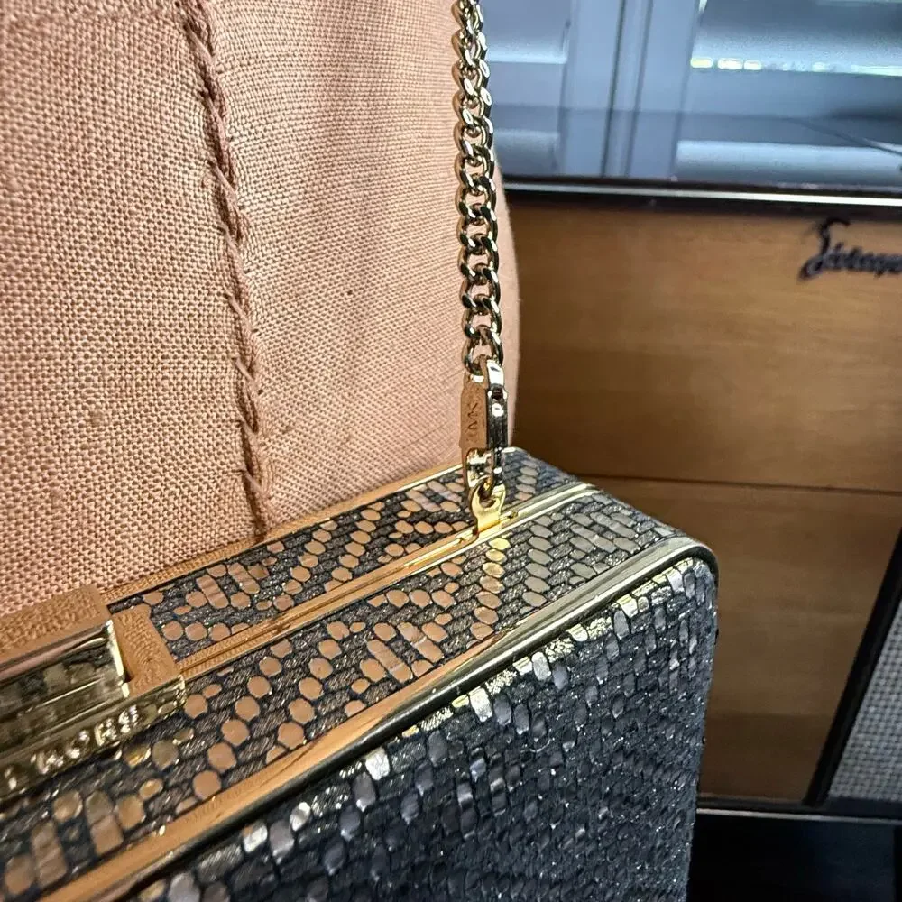 Michael Kors Box Clutch Crossbody Metallic Snake Embossed Gold Chain Evening Bag